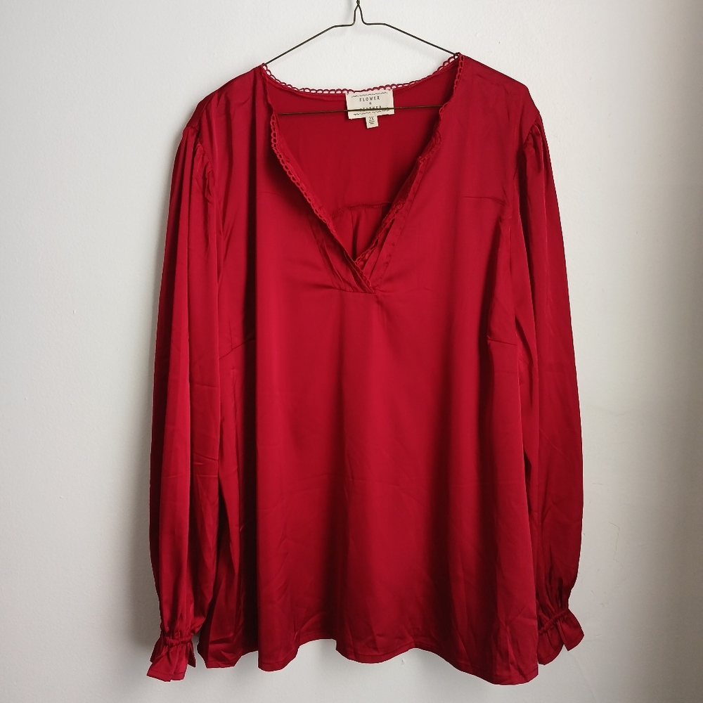 Women's Burgundy Red Satin Long Sleeve Blouse Top Size 2X Christmas Outfit